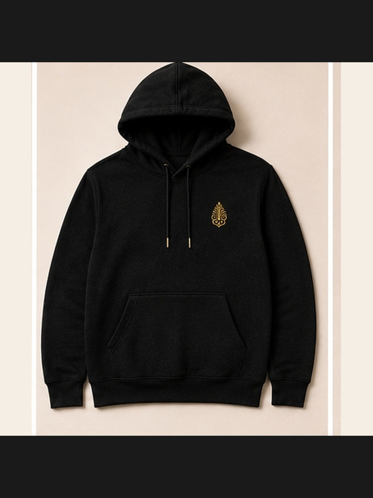 Pyramidion Crest Hoodie in black with the gold Pyramidion crest at the chest, photographed without a model.